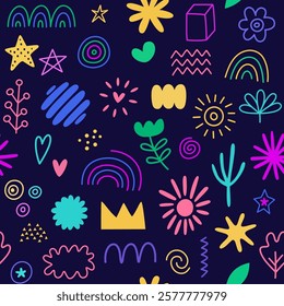 Doodle cartoon elements seamless pattern, background. Vector abstract doodle objects, sketches, drawings