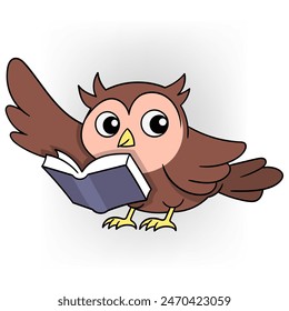 doodle cartoon emblem about teaching and learning in life, an owl is reading a book and sharing knowledge