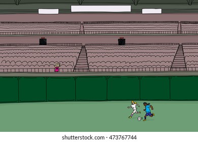 Doodle cartoon of empty stadium with single waving fan and two soccer players chasing a ball