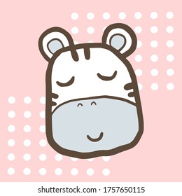 Doodle cartoon face animal with white polka dots on pink background. Vector illustration of kid art.