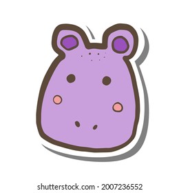 Doodle cartoon face hippo on white silhouette and gray shadow. Vector illustration about animal.