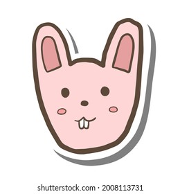 Doodle cartoon face rabbit smiling on white silhouette and gray shadow. Vector illustration about animal.