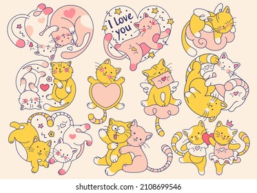 Doodle cartoon feline set. Cute Vector illustration of of love, couple of cats, heart, valentine. Character stickers with cat on Valentine's day, February 14. 