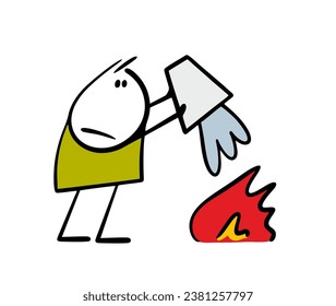 Doodle cartoon firefighter at the crash site extinguishes the fire, pours water from a bucket. Vector illustration of brave rescuer, fearless hero. Isolated on white background.