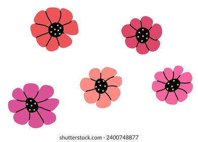 Montaje de caricaturas de Doodle. Colección de flores dibujada a mano. Hojas decorativas y elementos florales para las cartas. Ilustración vectorial de material aislada en un fondo blanco.