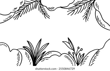 Caricatura de Doodle de una forma de borde de marco hecha de piedra y plantas florales.