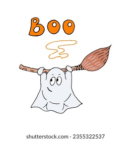 Doodle cartoon funny cute ghost with a broom. Vector Halloween spirit illustration for postcards, flyers, invitations, web design