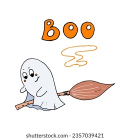 Doodle cartoon funny cute ghost on broom. Vector Halloween spirit illustration for postcards, flyers, invitations, web design