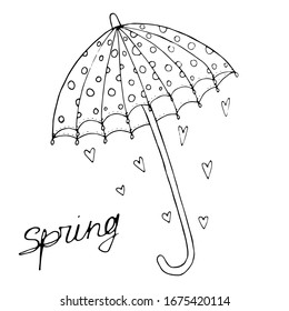 A doodle cartoon funny umbrella. Vector hand drawn illustration. Cute umbrella with polka dots ornament, heart drops and lettering: SPRING. Good for postcard, coloring, poster, banner, print, fabric.