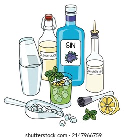 Doodle cartoon gin basil smash cocktail and ingredients composition. A bottle of gin, sugar syrup, lemon juice and ice scoop. For bar menu, stickers or alcohol cook book recipe.