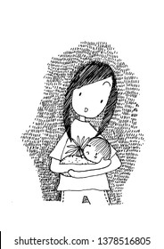 doodle cartoon a girl carry a baby