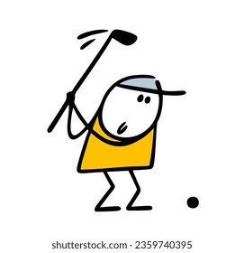 Doodle cartoon golfer swings a club and hits the ball on the field. Vector illustration of stick fihure player gambling and recreation. Cute person isolated on white background.