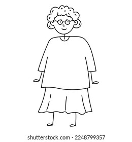 Doodle cartoon graphic illustration of cute granny. Line sketch of grandma in glasses