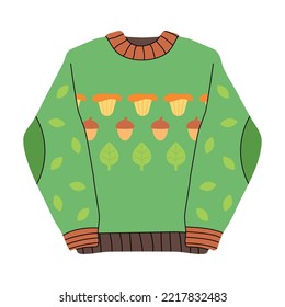 Doodle cartoon green sweater, leaves acorn chanterelle, flat vector style hygge. Knitted pullover jacket, cute illustration. Autumn fall season, warm clothes, trend sticker symbol, insulated, design.