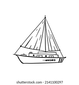 Doodle cartoon hand drawing boat, ship, yacht. Vector drawing . Isolated on a white background, vector. Elements for Print for a postcard and Illustration for a T-shirt. Camping. Travel.