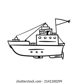 Doodle cartoon hand drawing boat, ship, yacht. Vector drawing . Isolated on a white background, vector. Elements for Print for a postcard and Illustration for a T-shirt. Camping. Travel.
