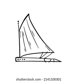 Doodle cartoon hand drawing boat, ship, yacht. Vector drawing . Isolated on a white background, vector. Elements for Print for a postcard and Illustration for a T-shirt. Camping. Travel.