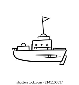 Doodle cartoon hand drawing boat, ship, yacht. Vector drawing . Isolated on a white background, vector. Elements for Print for a postcard and Illustration for a T-shirt. Camping. Travel.