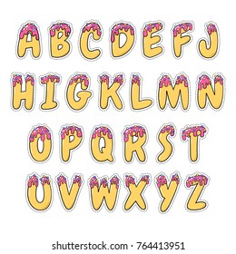 Doodle cartoon hand drawn font donut. English funny alphabet for advertising, logos, banners, posters. Vector Letters