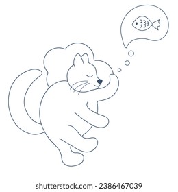 Doodle cartoon hand drawn sleeping cat dreaming of a fish. Cute cartoon vector simple illustration for children