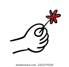 Doodle cartoon hand holds red  flower in its fingers. Vector illustration of tenderness and plants. Hand drawn stick figure character isolated on white background.