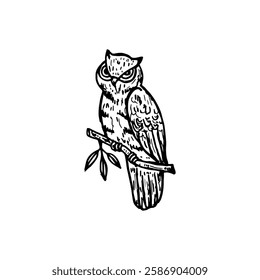 Doodle cartoon hand-drawn of an owl bird perched on the branch with leaves.