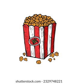 Caricatura de Doodle con palomitas de maíz hechas a mano. Ilustración de chiringuito de palomitas de maíz de caja rayada vectorial.