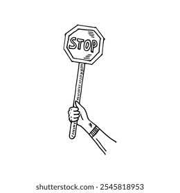 Doodle cartoon hand-drawn sketch of a hand holding a stop sign.