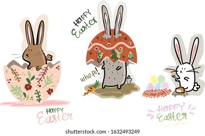 Doodle Cartoon of Happy Easter Cute Funny Rabbit with Decorative Colorfull Eggs and Carrot Cake, Icon Logo Avatar