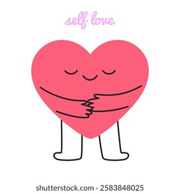 Doodle cartoon happy heart character embracing himself. Cute mascot self-hug of own body, acceptance. Self love, respect, psychology mental concept. Flat vector isolated icon