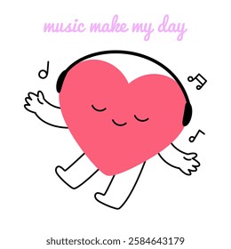 Doodle cartoon heart character listening to music in calm mood. Cute mascot with headphones enjoying sound and melody. Self care, leisure, relaxation, entertainment concept. Flat vector isolated icon