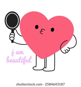 Doodle cartoon heart character looking at face, appearance in mirror. Cute mascot contemplating reflection with love. Self love and perception, psychology concept. Flat vector isolated