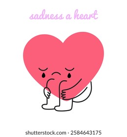 Doodle cartoon heart character sitting in heartbreak with sad mood. Cute mascot showing sorrow and emotional pain. Depression, melancholy, loneliness, and despair concept. Flat vector isolated icon