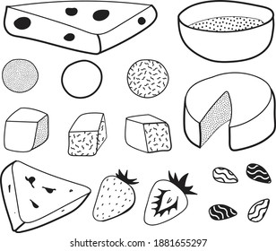 Doodle cartoon hipster style black and white vector illustration. Cheese set, strawberry, almond and honey bowl. Bar restaurant menu, poster, card, farmers market food decor or stickers.