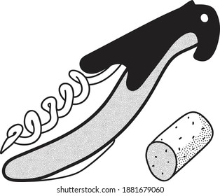 Doodle cartoon hipster style black and white vector illustration. A professional corkscrew bartender accessory tool and a crook. Good for wine bar restaurant menu decoration or ads.
