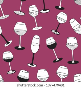 Doodle cartoon hipster style black and white vector seamless pattern illustration. Variety of wine glasses on burgundy background . Bar restaurant menu decor, poster or card, textile wallpaper design.