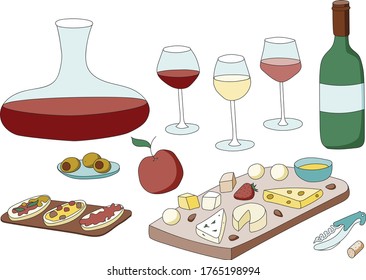 Doodle cartoon hipster style colored vector illustration. A still life or set with variety of wine glasses, decanter, bottle and appetizers like cheese or olives. For wine bar restaurant menu or ads
