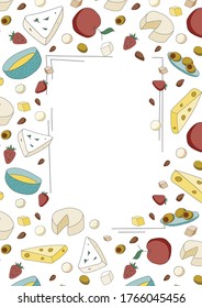 Doodle cartoon hipster style colored vector illustration. A still life Italian and Swiss cheeses, olives, honey and apple. Bar restaurant menu. ads, poster or card. A4 frame with copy space for text