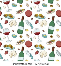 Doodle cartoon hipster style colored vector seamless pattern. Wine glass, bottle and appetizers. For wine bar restaurant menu or ads, card, farmers market food decor, website design or fabric