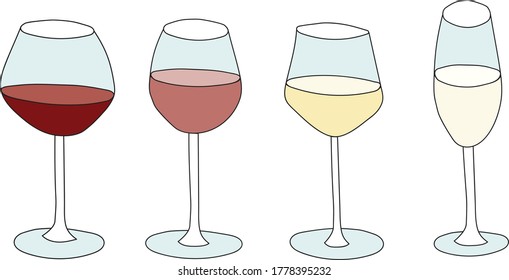 Doodle cartoon hipster style colored vector illustration collection set. Variety of red pink rose white wine glasses. Bar restaurant menu ads decor, poster or card, fabric textile wallpaper design