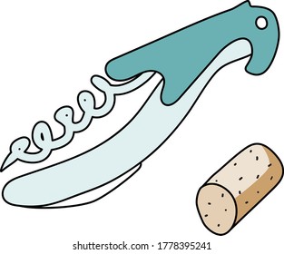 Doodle cartoon hipster style colored vector illustration. A blue professional corkscrew bartender accessory tool and a brown crook. Good for wine bar restaurant menu decoration or ads