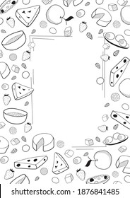 Doodle cartoon hipster style colored vector illustration. A still life Italian and Swiss cheeses, olives, honey and apple. Bar restaurant menu. ads, poster or card. A4 frame with copy space for text