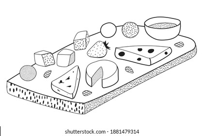 Doodle cartoon hipster style colored vector illustration. Cheese set, almond and honey bowl. Bar restaurant menu ads, poster, card, farmers market food decor, website design or sticker