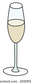 Doodle cartoon hipster style colored vector illustration. A white sparkling wine, cava, champagne or prosecco flute glass. Good for bar restaurant menu ads decoration, poster or card