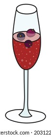 Doodle cartoon hipster style colored vector illustration. A glass of sparkling kir royal cocktail in  flute glass. Good for bar restaurant menu ads decoration, poster or card.