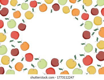 Doodle cartoon hipster style frame border ornament illustration. Red, orange, yellow green apples. Bar restaurant menu, card, farmers market food decor. A4 size with free blank copy space for text