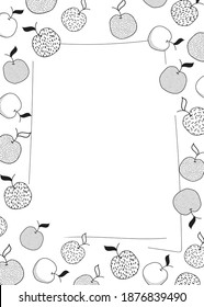 Doodle cartoon hipster style frame border ornament illustration. Textured dotted black and white apples. Bar restaurant menu, card, farmers market food decor. Free blank copy space for text