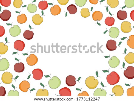 Doodle cartoon hipster style frame border ornament illustration. Red, orange, yellow green apples. Bar restaurant menu, card, farmers market food decor. A4 size with free blank copy space for text