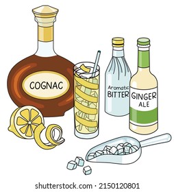 Doodle cartoon Horse Neck cocktail and ingredients composition. A bottle of Cognac and ginger ale, aromatic bitter, lemon and ice scoop. For bar menu, stickers or alcohol cook book recipe.