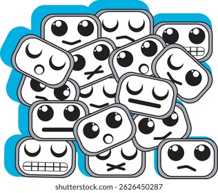 doodle Cartoon ilustrou rostos retratando várias expressões com um estilo humorístico e divertido. Perfeito para conceitos de emoções, reações e humores em narrativa criativa ou modelos de design.